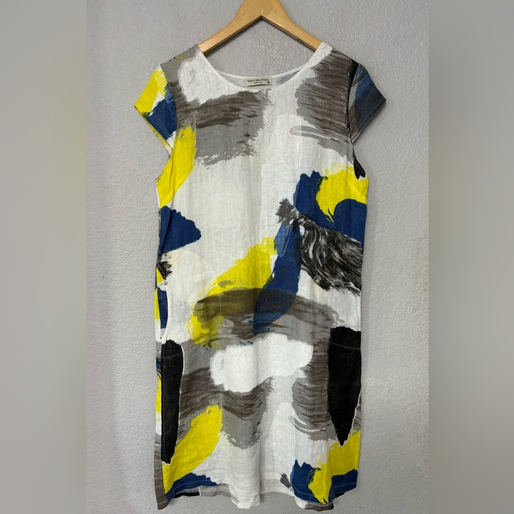 Terzo Millenio Italy Linen Dress With Stretch Sides‎ Pockets Cap Sleeves Size M